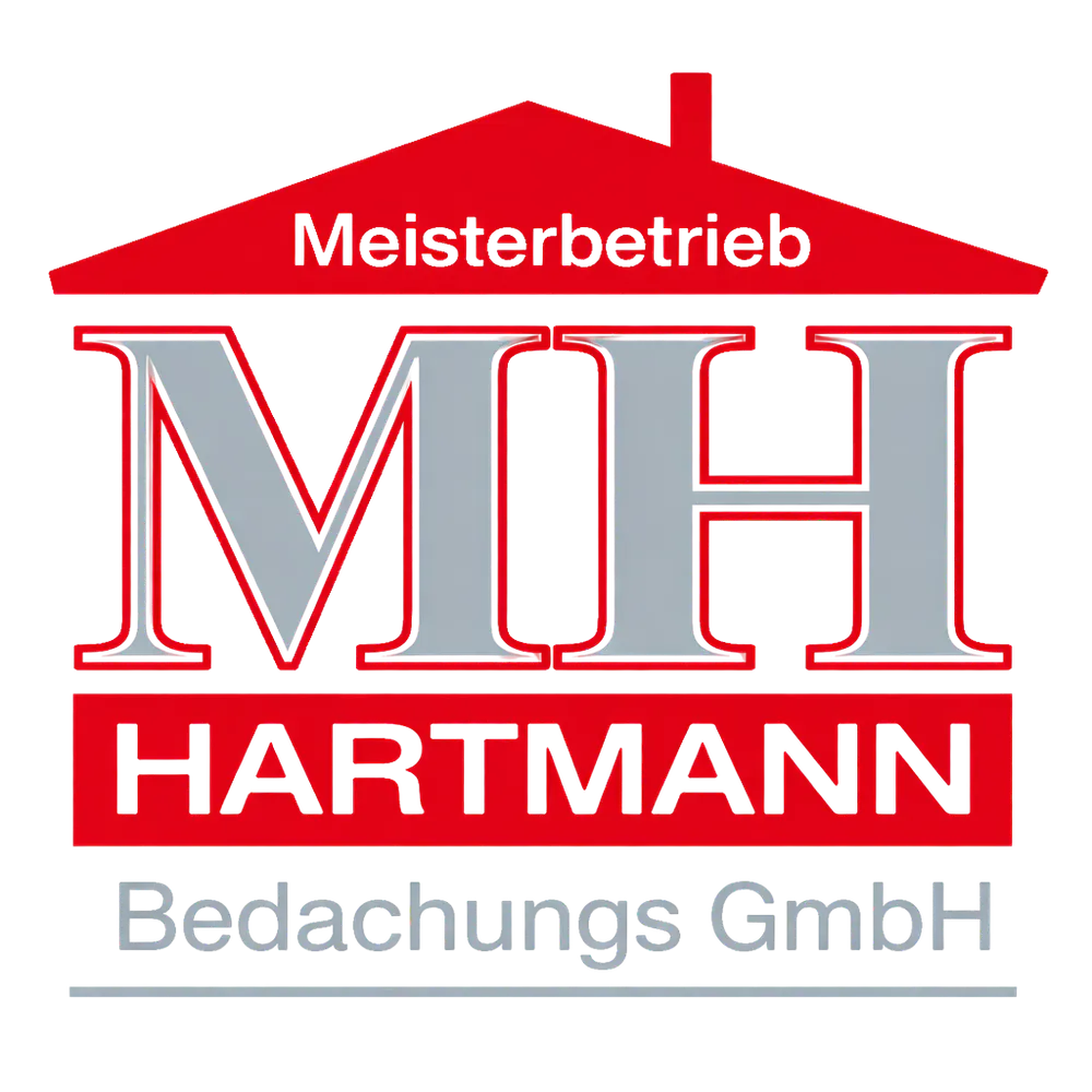 Logo: Rotes Hausdach über grauen Buchstaben "MH", darunter "HARTMANN Bedachungs GmbH" in Rot und Grau.