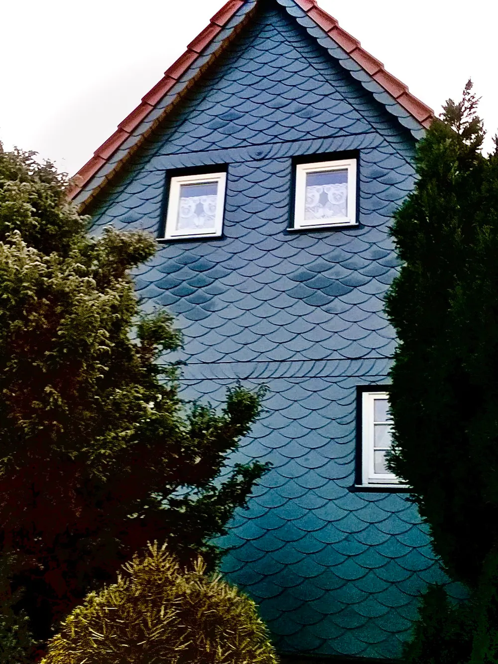 Fassade eines Hauses mit blauen Schindeln, rotem Dach und drei Fenstern, umgeben von grünen Büschen.