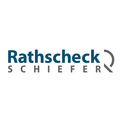 Rathscheck Schiefer Logo mit blauem "Rathscheck" und grauem "SCHIEFER" darunter, daneben ein grauer, offener Kreis.
