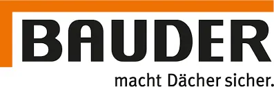 BAUDER Logo mit dem Text "macht Dächer sicher." und einem orangefarbenen L-förmigen Balken.