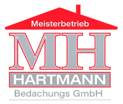 Logo mit rotem Hausdach, darunter graue Buchstaben "MH" und "HARTMANN", gefolgt von "Bedachungs GmbH".