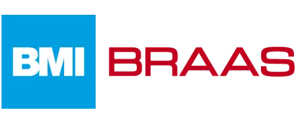 Logo von BMI Braas: "BMI" in Weiß auf blauem Quadrat, daneben "BRAAS" in Rot.